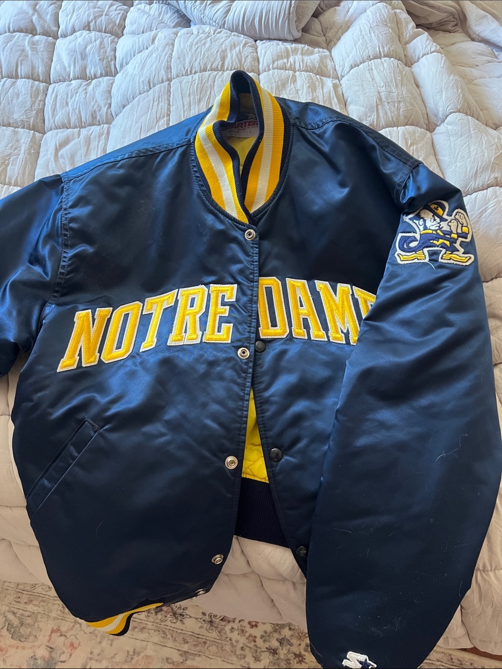 STARTER Notre Dame Navy and Yellow Bomber Jacket